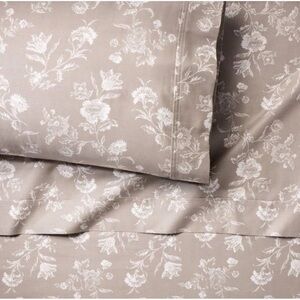 TwinXL ~ Khaki Floral Threshold Performance 400 Thread Sheet Set Cotton Sateen
